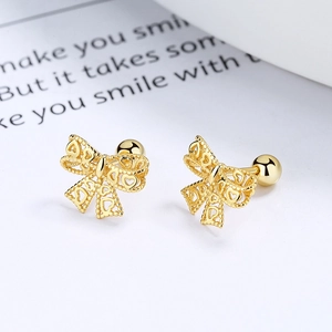Elegant hollow heart bow stud earrings in gold-plated silver with screw ball backings