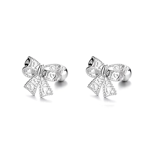 925 silver hollow bow earrings with heart patterns and secure screw ball backs for women
