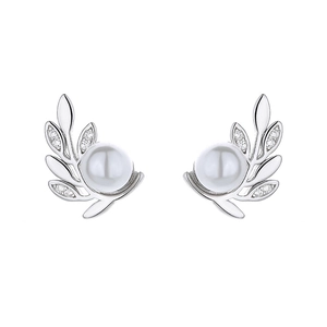 Élégantes boucles d'oreilles perles et feuilles d'olivier en argent 925 et cristaux