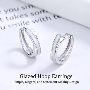 Boucles d'oreilles Créoles Huggie Croisées Argent Sterling 925 Émail Glaçure Géométrique Forme C Or Argent Bijoux Femme
