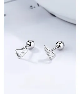 Macro shot of 925 sterling silver angel wing stud earrings with secure screw ball backs