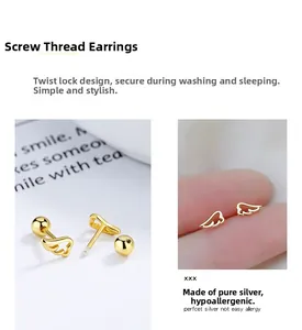 Macro detail of gold angel wing stud earrings with secure screw-back design for sleeping