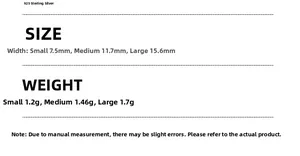 Detailed size chart for 925 sterling silver curved earrings in small medium and large