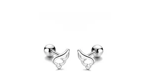 Detailed view of angel wing silver stud earrings with screw back ball closure
