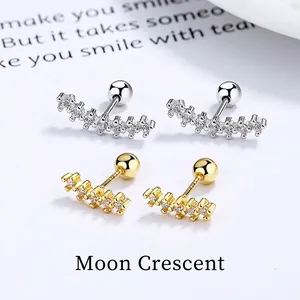 925 Sterling Silver Curved Bar Stud Earrings Rhinestone Minimalist Row Drill Screw Back Arc Earrings For Women Jewelry