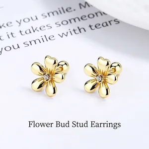 925 Sterling Silver Flower Stud Earrings For Women Minimalist Rhinestone Inlay Screw Back Ball Closure Daily Fashion Jewelry