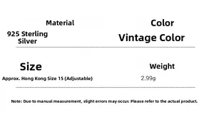 Specifications of 925 sterling silver adjustable ring with size and 2.99g weight details