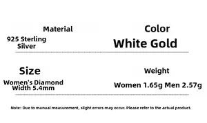 Specifications for 925 sterling silver couple rings showing width and weight details