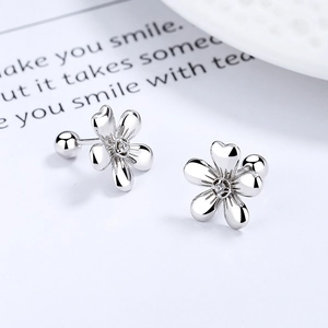 925 silver flower stud earrings with center zircon and secure ball screw back closure