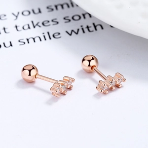 Elegant rose gold S925 silver curved earrings with three rows of clear sparkling zircons
