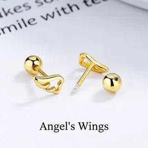 925 Sterling Silver Angel Wing Screw Back Stud Earrings For Women Minimalist Small Dainty Sleeping Earrings Gold Silver Jewelry