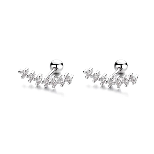 Minimalist curved silver screw back earrings with seven shimmering cubic zirconia stones