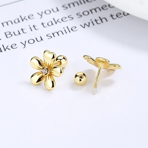 Elegant 925 sterling silver flower stud earrings with gold finish and zircon center