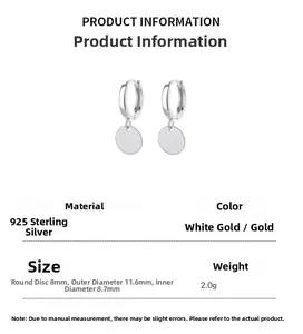 Detail showing 925 sterling silver geometric disc hoop earrings with precise dimensions