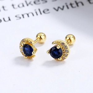 Orecchini a luna in argento 925 con cristallo blu e chiusura a vite dorata