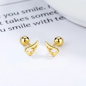 Elegant gold wing screw back earrings in 925 sterling silver with detailed feathers