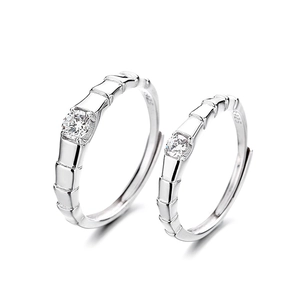 Adjustable S925 sterling silver couple rings with bamboo joint design and clear zircon stones