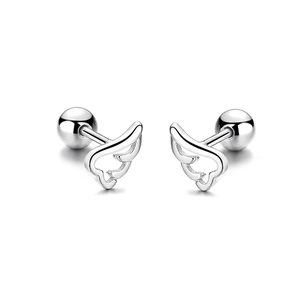 Minimalist 925 sterling silver angel wing stud earrings with screw back on white background