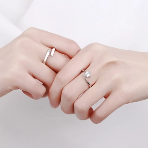 925 silver adjustable couple rings set featuring a sparkling round zircon center stone