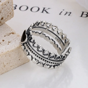Retro S925 sterling silver three-layer open ring with hollow hearts and black center