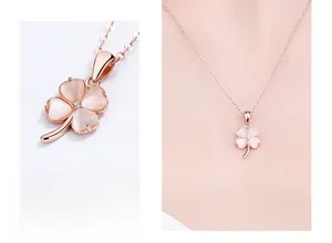 Detailed view of rose gold four-leaf clover pendant necklace in 925 sterling silver