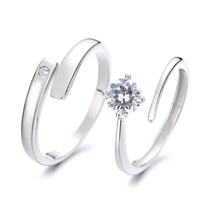 Adjustable S925 sterling silver couple rings set with brilliant round zircon stones