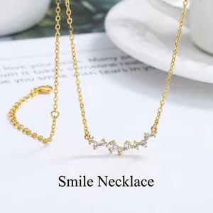 Fashion 925 Sterling Silver Smile Curved Bar Pendant Necklace With Clear Zirconia For Women Minimalist Light Luxury Jewelry Gift