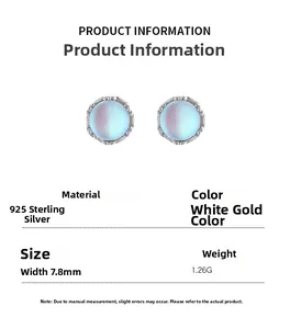 Detailed view of S925 sterling silver moonstone earrings with 7.8mm diameter and specs