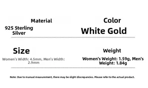 Size chart showing width and weight specifications for 925 sterling silver couple rings