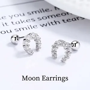 925 Sterling Silver Moon Horseshoe Screw Back Stud Earrings For Women Zirconia Inlaid Ear Bone Nail Minimalist Jewelry