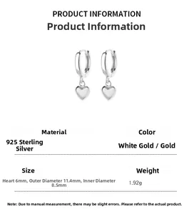 Détails des dimensions pour boucles d'oreilles cœur en argent 925 et finition or blanc