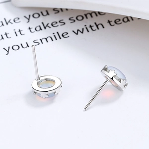 925 Sterling Silver Aurora Moonstone Stud Earrings with crown-shaped prong setting