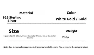 Detailed size specifications for 925 sterling silver square hoop earrings in gold and silver