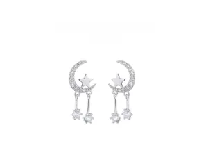 Close-up of S925 silver star and moon tassel earrings with sparkling zircon inlay