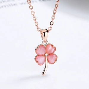 Elegant S925 Sterling Silver Clover Cat's Eye Stone Pendant Necklace For Women Rose Gold Plated Rhinestone Clavicle Chain Jewelry