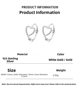 Macro detail of 925 sterling silver heart hoop earrings with size measurements
