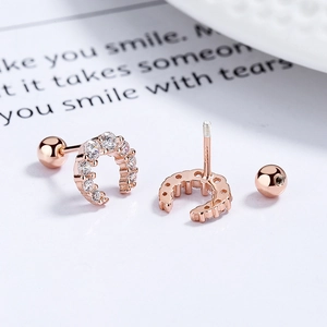 Rose gold 925 silver crescent moon stud earrings with zircon stones and screw ball backs
