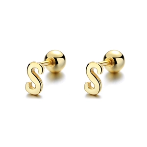 Polished gold 925 sterling silver letter S screw back stud earrings for women