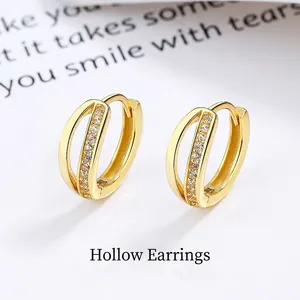Elegant gold double-layered hollow hoop earrings with sparkling zircon inlay for women