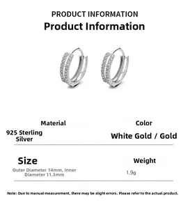 Detailed size specifications of double-layered 925 sterling silver hoop earrings with gems