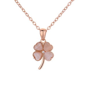 Rose gold four-leaf clover necklace with pink opal heart-shaped petals and small zircon