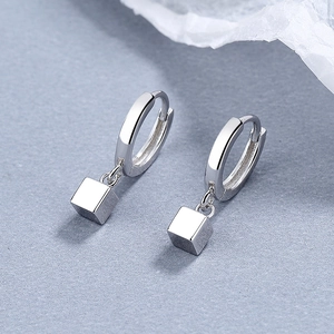 Minimalist 925 sterling silver hoop earrings with geometric cube pendants and polished finish