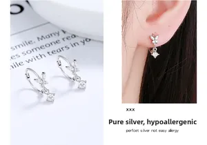 Detail of bow-knot silver earrings with zirconia tassel on model and magazine background
