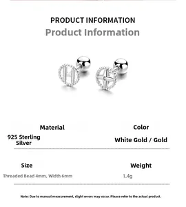 Detailed specs of asymmetric 925 sterling silver H letter and star screw-back studs