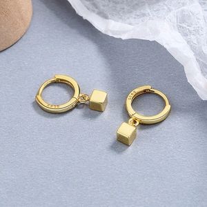 Minimalist geometric S925 sterling silver hoop earrings with gold plated cube charms
