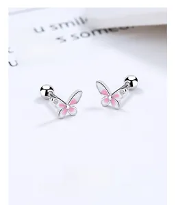Detail of S925 silver pink butterfly stud earring with gradient enamel and screw back