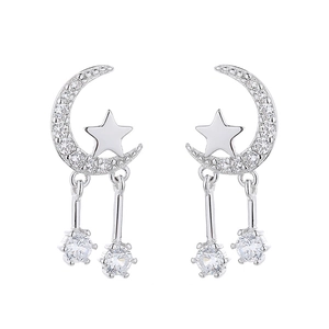 Elegant 925 sterling silver star and moon tassel earrings with sparkling cubic zirconia