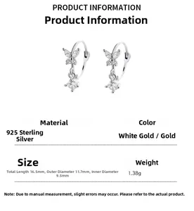 Detail of 925 sterling silver bow earrings with cubic zirconia and dimension specs