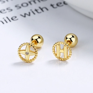 Minimalist 925 Sterling Silver Asymmetric H Letter And Star Stud Earrings For Women Gold White Gold Rhinestone Screw Back Earrings Jewelry