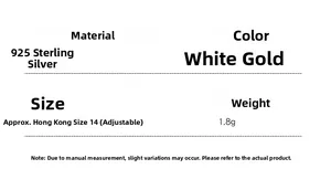 Detailed specifications for 925 sterling silver adjustable ring in platinum color finish
